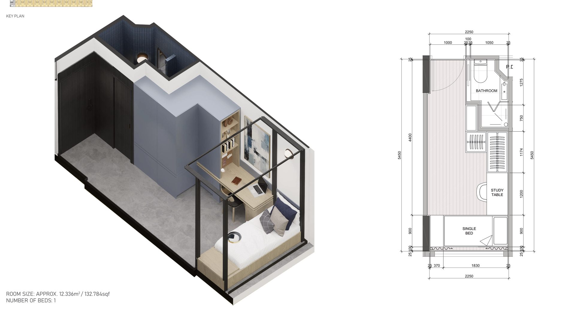 One bedroom type 1 layout, isometric and floor plan