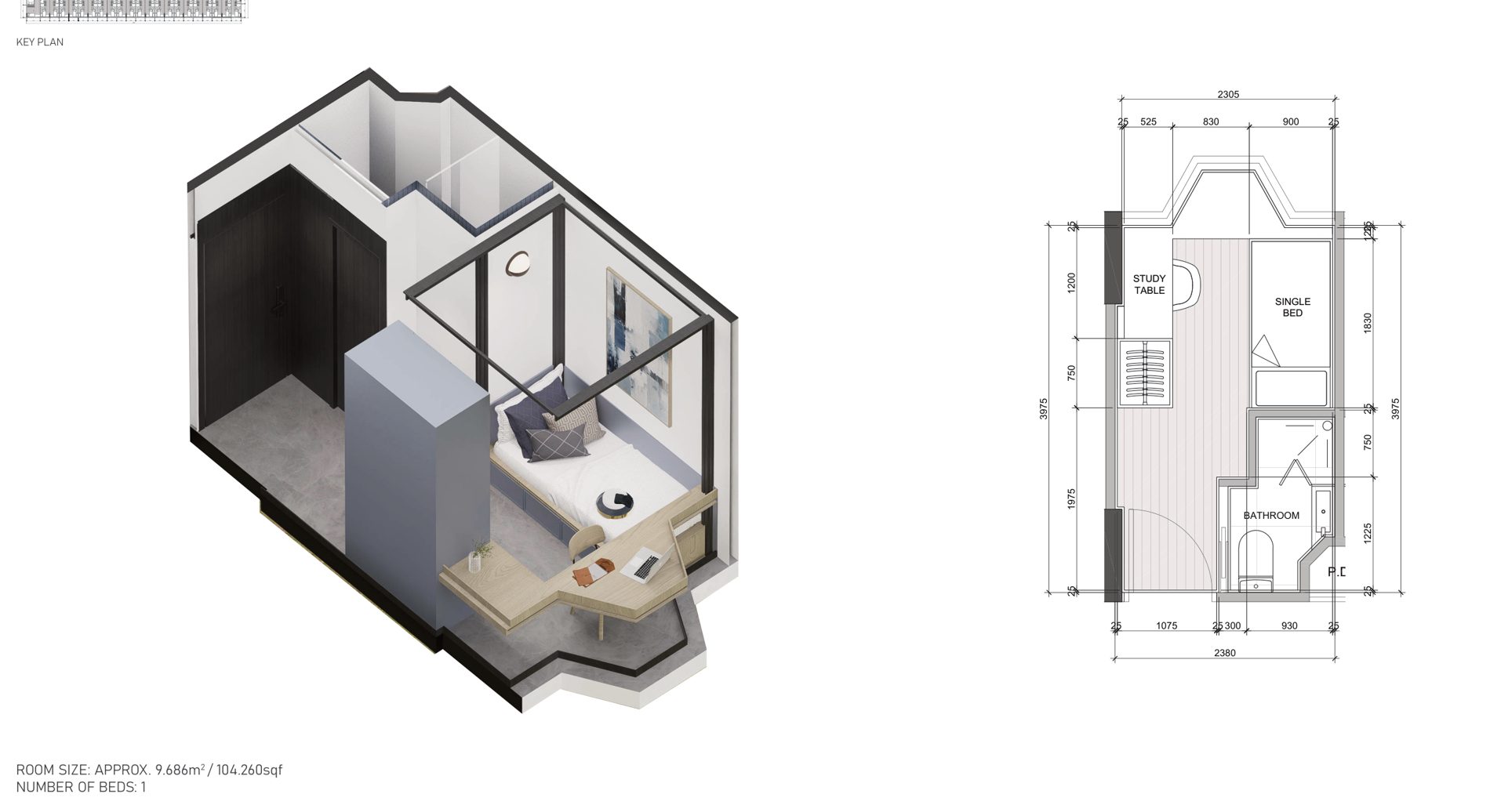 One bedroom type 2 layout, isometric and floor plan