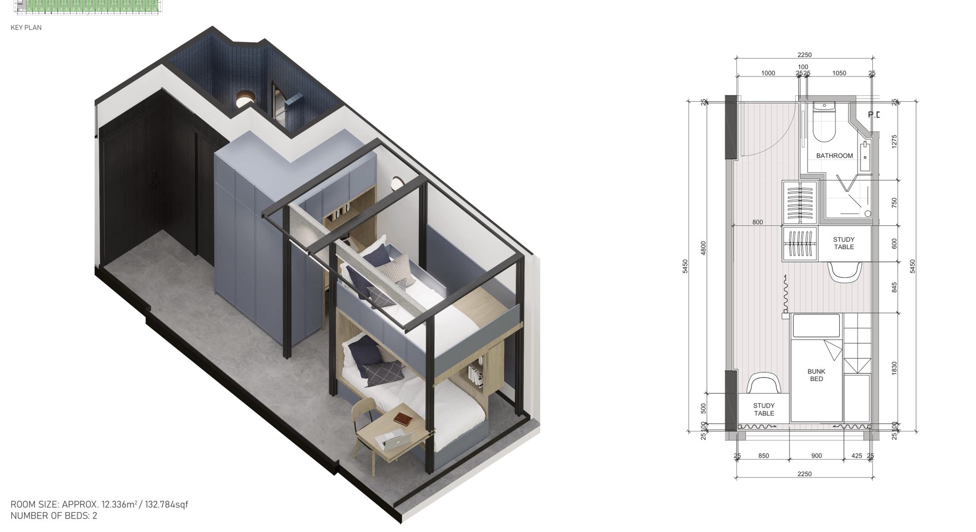 Two bedroom option 1 layout, isometric and floor plan
