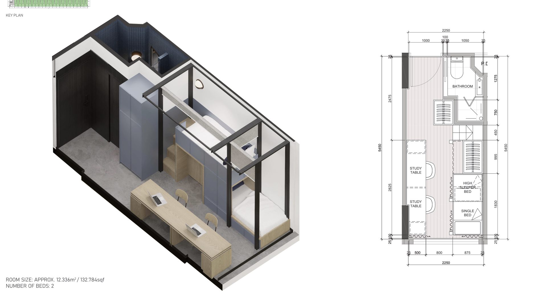 Two bedroom option 2 layout, isometric and floor plan